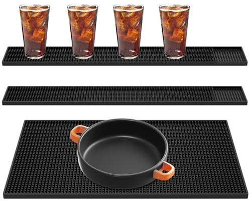 Lot de 3 tapis de bar en caoutchouc antidérapant avec peluches en caoutchouc - Séchage rapide - Noir - Pour cuisine, salon, salle de bain, bureau - Café - 45 x 30 x 1 cm