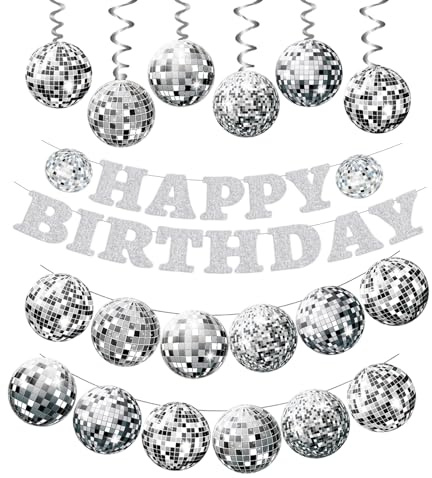 8 stycken disco party dekoration, födelsedagskrans-set, 1 discobollbanderoll, 1 silver Happy Birthday-banderoll & 6 diskokula hängande spiraler, glitterspiraler för födelsedagsdekoration, 70-tal, 80