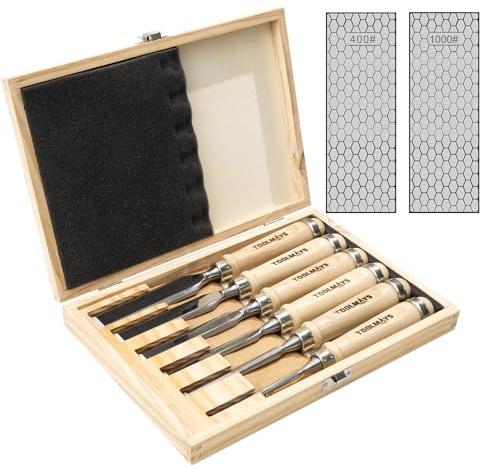 TOOLMAYS Stechbeitel Set für Holz, 6-teiliger Stemmeisen Set mit Schleifstein, Holzmeiselset Härte bis zu HRC 63