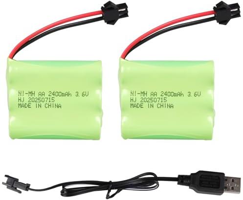 2PCS 3.6V 2400mAh Ni-MH Battery Pack with SM-2P Connector & USB Charging Cable, AA NiMH Rechargeable Battery Pack for RC Toys, RC Car Boat Plane, Lighting, Household Appliances