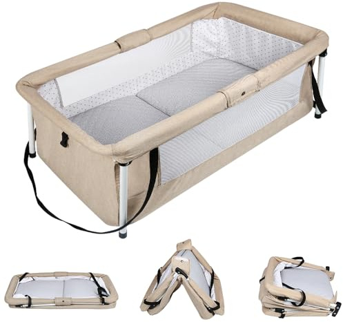 OHMG Vikbar spjälsäng för baby med myggnät, madrass och leksak andningsbar babysäng för inomhus/utomhus, barns nomadiska säng, babykorg