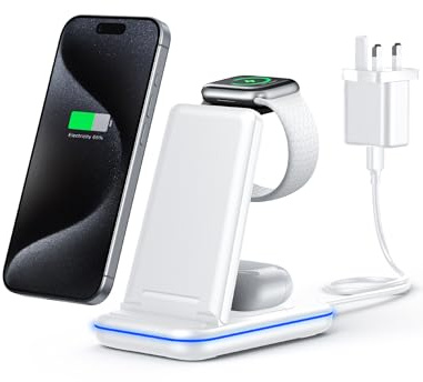 TECKNET 3 in 1 Wireless Charging Station,Fast Wireless Charger Stand for iPhone 17/16/15/14/13/12 or Samsung, Apple Watch & AirPods with 18W UK Adapter