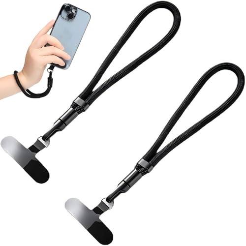 2Pcs Phone Tether Tabs, Anti-Theft Phone Wrist Strap Accessories, Stainless Steel Mobile Phone Lanyard Tab, Universal Fall Protection Strap for iPhone Samsung Most Cellphones, 20CM (Black & Gray)