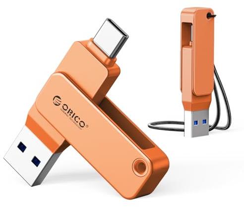 ORICO Pendrive 64 GB USB C Naranja, Memoria USB 3.2 Gen 1 Doble Interfaz, Mini Flash Drive Lectura hasta 150 MB/s, Compatible con iPhone 15/16/17, Android, Tableta, Portátil y Mac, Plug and Play-EB05