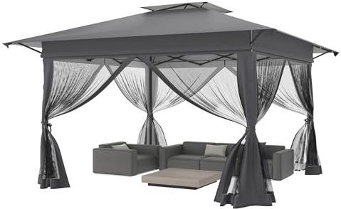 Suusolny Faltpavillon (Schattenfläche 4x4 M) mit Doppeldach - EIN Knopf Install Partyzelt Ink Moskitonetze,Tasche,Heringe & Abspannseile,Wasserdicht, UV geschützt &Höhenverstellbar-Anthrazit