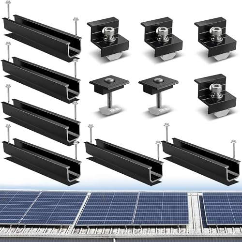 Solarmodul Halterung Endklemme Kit: PV Solarpanel Halterung mit 12CM Aluprofil Schienen & Klemme 30 - 35 mm Dicke Verstellbare für Flachdach Trapezblech Blechdach Ziegeldach (Schwarz)