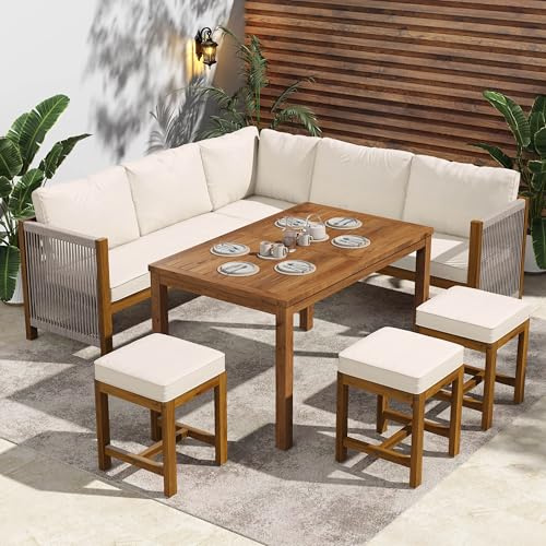 Xwiny Gartenmöbel-Set für 7–8 Personen, Lounge Möbel Outdoor aus Seil, 7-teiliges, 2 Doppelsofa, 1 Ecksofa, 3 Hocker, 1 Tisch, Akazie, Alle Kissen Inklusive (Beige+Natur)