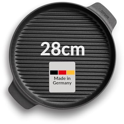 STUR Grillpfanne rund 28 cm, Gusseisen, Cast Iron Pan für alle Herdarten | kratzfeste Grillrippen, PFAS-frei, für Steaks, Gemüse & Fisch, Made in Germany