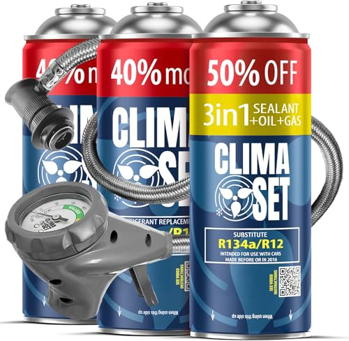 CLIMASET - Kit de Recarga de Aire Acondicionado para Coche - 2X Gas y Aceite R134a + 3 en 1 R134a + Manguera - para vehículos de 1994 a 2016, Manguera Moderna y fácil de Usar, manómetro
