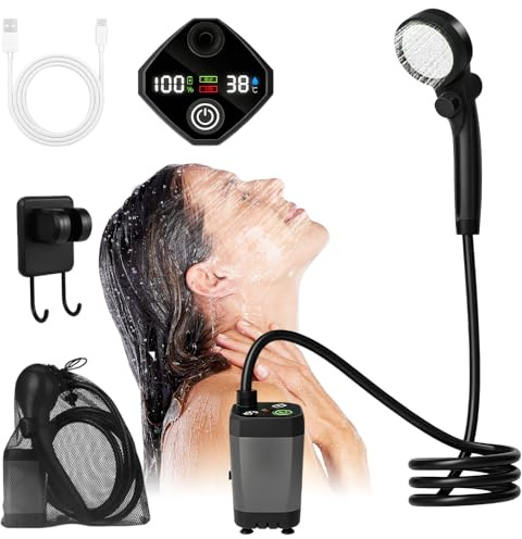 HOVCEH Portable Camping Shower 6000mAh Rechargeable, IPX7 Waterproof Outdoor Shower, Portable Electric Shower, LED Display for Hiking, Car, Pets, Travel (Grey)