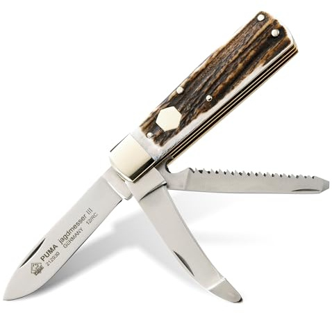 PUMA – Jagdtaschenmesser III - 76mm Klinge aus deutschem Stahl 1.4110 - Mit Knochensäge & Aufbrechklinge - Hirschhornschalen mit Gravurplatte - Handgefertigt in Solingen (Art.Nr.: 212930)