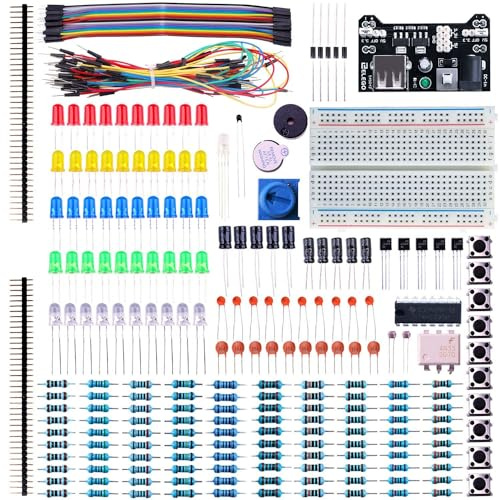 ELEGOO Elektronikset, kopplingsdäck, kabel, motstånd, kondensator, lysdiod, potentiometer, elektronikinlärningsset, kompatibel med Arduino IDE, UNO R3, MEGA osv.