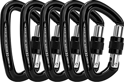 Locking Carabiner - 25kN 5600lb Climbing Carabiner Screw Gate D Shape Carabiner Black (Pack of 3)