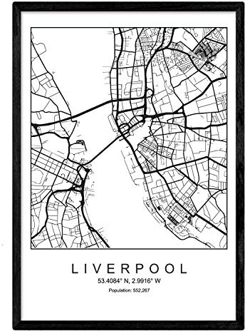 Nacnic Mappa della mappa della città Liverpool stile nordico in bianco e nero. Manifesto A3 Dimensione incorniciata con cornice nera carta stampata 250 gr. Immagini, fogli e poster per salone