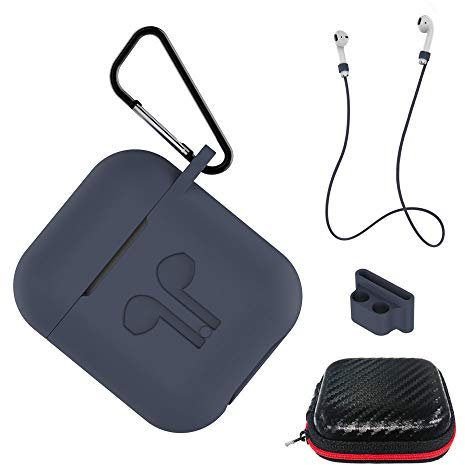 AICEK Coque Compatible pour AirPods 1&2 Silicone Etui pour Apple AirPods Housse Accessoires Protection Case avec Anti Perte Cordon,Mousqueton,Porte-Clip,Bleu Foncé