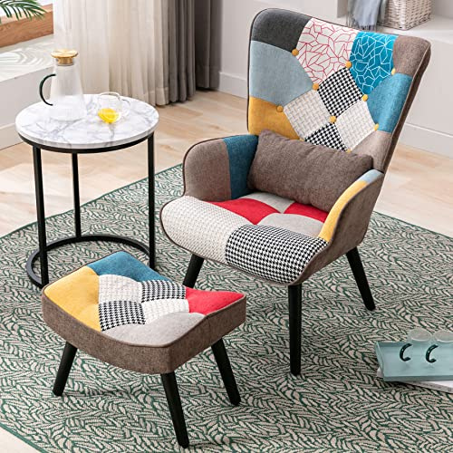 HomeMiYN Fauteuil Patchwork Scandinave avec Repose-Pieds Support Lombaire