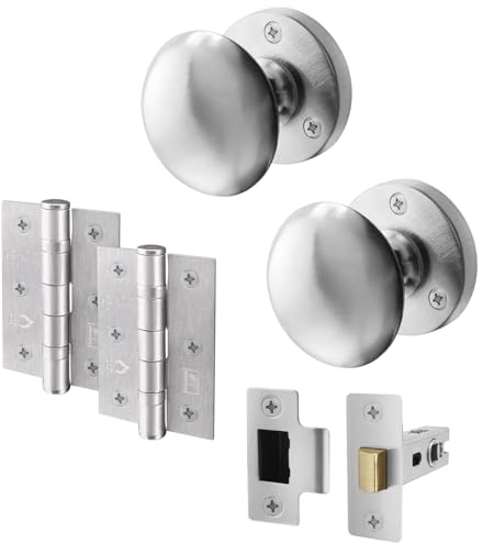 EAI Satin Chrome Door Knobs with Latch 76mm and Hinges, 1 Pack - Victorian
