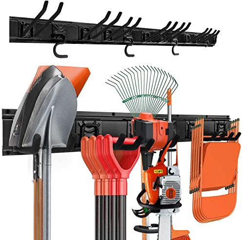 Garden Tool Rack Set, Garage Wall Organization Hanger with 3 Mop Holder and 6 Multi-Purpose Hooks, Garden Yard Shovels Rakes for String Hedge Trimmer Brooms Hoses Folding Chairs ladders, and More