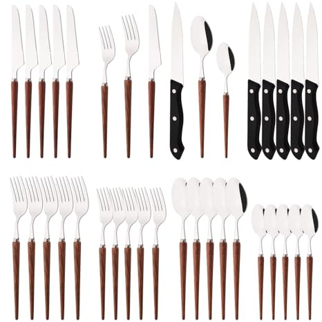 Uniturcky Silverware Steak Knife and Fork Set Natural Wood Handle Flatware Set, 304 Stainless Steel Cutlery Set, 36Pcs Knife Fork Spoon Reusable Utensils Service for 6