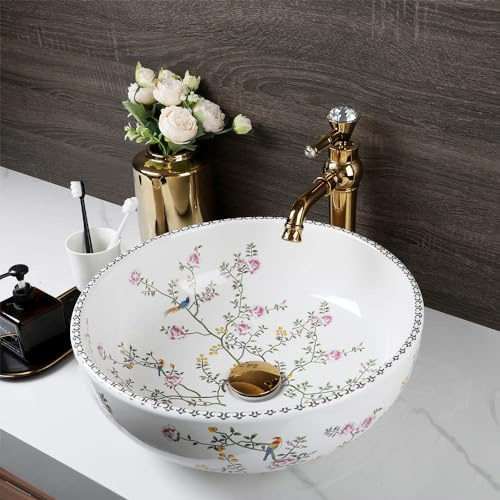 HM HomeMieco Flower and Bird Pattern 16Bathroom White Ceramic Vessel Sink with Faucet and Drain Combo White Round Vessel Sink Bowl Hand Painted Porcelain Bathroom Sink Above Counter