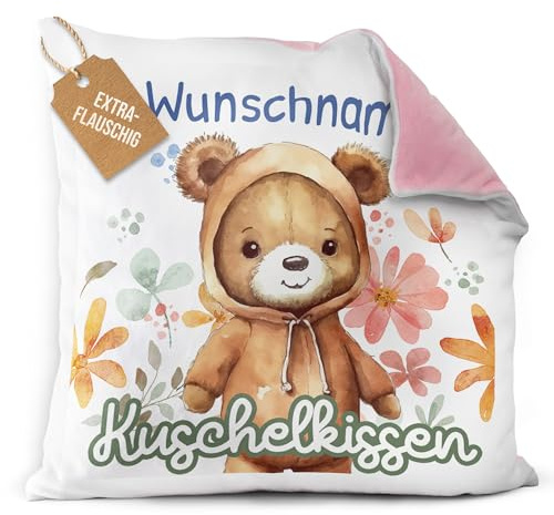 Print Royal PR Flauschiges Kuschel-Kissen für Kinder mit Füllung mit Name selbst gestalten - Bär Kissen für Mädchen und Jungs, Kinderkissen mit Name | 40 x 40 cm, Rückseite Rosa Flauschig