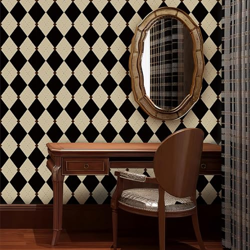 Simon&Siff Retro Checkered Peel and Stick Wallpaper Black and White Cream Wallpaper Vintage Plaid British Geometric Wall Paper for Bathroom Kitchen Cabinet Contact Paper 17.3x78