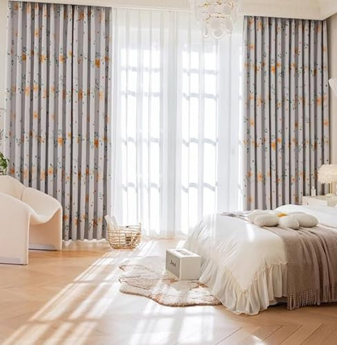 Homxi Gardinen Wohnzimmer Blickdicht 2er Set,2 x 86W x 138H cm,Blickdichte Gardinen Schlafzimmer Orange Blumenmuster Gardinenband Haken