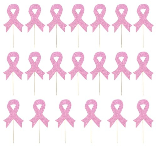 BORFUE Lot de 20 décorations pour cupcakes de sensibilisation au cancer du sein - Ruban rose Power Hope - Décorations de gâteaux pour fête sur le thème du cancer