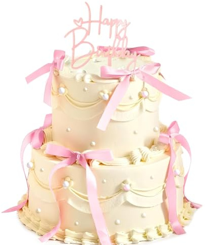 10 stycken tårtdekoration, stora rosetter för tårta med Happy Birthday-topp, tårtdekoration med rosett för flickor, födelsedag, bröllop, babyfest, cupcake-dekorationer med band (1 cm bred rosa)