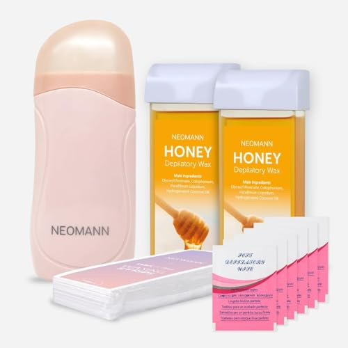 NEOMANN 2x Honey Wax n Roll Kit d'épilation | Chauffe-cire Roll On avec 2x cartouches de miel (Rose), 50 bandes de cire et 6 lingettes de soin – Qualité salon pour la maison