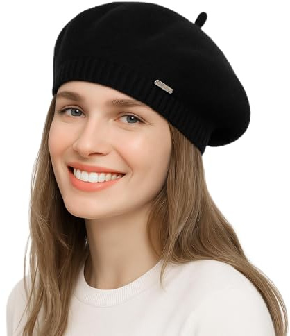 Yanmucy Baskenmütze für Damen und Mädchen, flauschig, gestrickt, französische Baskenmütze, warm, klassische Beanie-Mütze, Kappe für Damen und Herren, Winter, Herbst, Schwarz , Einheitsgröße