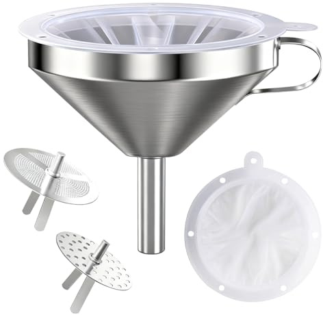Mokaskaidj 4 st tratt, tratt i rostfritt stål med nätfilter, 200 filter, livsmedelssäker, spillsäker för oljor, sylt, flytande vinolja (13 cm)