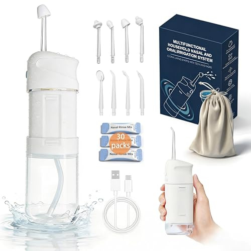 OUKANG Nasal and Oral Dual-Function Irrigation System, Equipped with 8 Nozzles and 30 Packs of Salt Packets, Used to Relieve Sinus Problems and Provide Dual Care for Mouth and Nose. (White)
