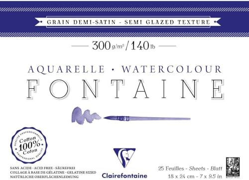 Clairefontaine 96405C Malblock, 4-seitig verleimt Aquarellpapier Halbsatiniert, Fontaine/Hadern, 12 x 18 cm, 25 Blatt, 300 g Packung, weiß