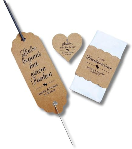 Personalisiertes Hochzeitsset – Wunderkerzenhalter, Freudentränen Banderole & Herz Anhänger – Hochzeit Deko personalisiert – Boho Hochzeit