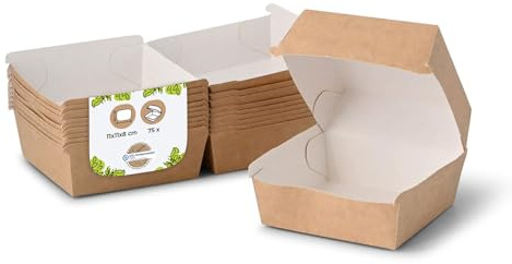 BIOZOYG Take Away Burger Box 75 pezzi I Scatole per hamburger con coperchio incernierato in cartone di fibra fresca I Imballaggio resistente ai grassi marrone-bianco 11,5 x 10,5 x 8 cm I Riciclabile