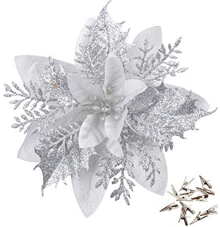 GL-Turelfies Lot de 12 fleurs de Noël à paillettes (15 cm) avec 12 poinsettia artificielles pour sapin de Noël
