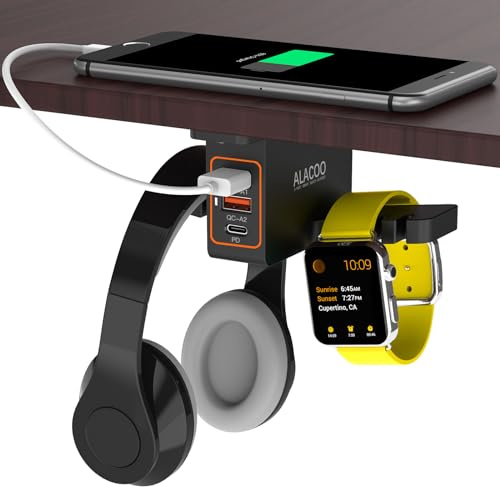 Headphone Stand with USB Charger Under Desk Headset Hanger Holder Mount Bracket with 2 USB-A & 1 Type C Charging Ports and Smart Watch Charging Dock Dual Earphone Hanger Mount Hook for All Headphones