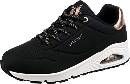 Skechers Women's Uno - Shimmer Away Sneaker, Black Durabuck Rose Gold Duraleather Trim, 4.5 UK