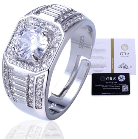 Halukakah Herren Moissanite Ring 925er Sterlingsilber mit 2 Karat Diamant und Zertifikat,2,0ct Luxusschmuck für Verlobungen,Verstellbare Größe,Zeitloses Geschenk für Ehemann,Freund,Jubiläum,Hochzeit