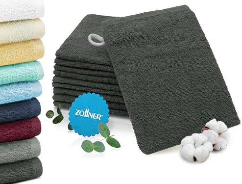 ZOLLNER 10er Set Waschhandschuhe in 16x21 cm - saugstarke und weiche Waschlappen in dunkelgrau - mit praktischem Aufhänger - waschbar bis 60°C - Baumwolle - Hotelqualität