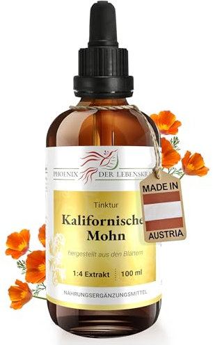 Kalifornischer Mohn Tinktur 100ml | Eschscholzia californica Tropfen (1:4 Extrakt) | Premium Qualität aus Österreich | Veganes Nahrungsergänzungsmittel | Schlafmützchen, California Poppy, Goldmohn