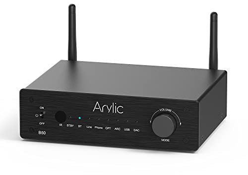 Arylic Amplificatore B50 con Bluetooth, amplificatore stereo, 2 canali 50 W*2 Home Audio AMP, con HDMI, ARC, Opt, DAC, ingresso Phono. Supporta la trasmissione e la ricezione di musica ad alta
