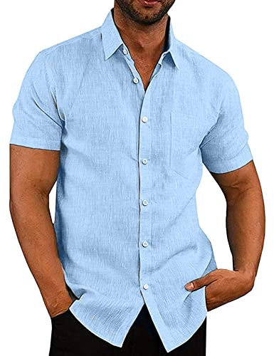 COOFANDY Short Sleeve Shirts Men Linen Shirts Summer Holiday Shirt Casual Beach Shirt Formal Sky Blue M