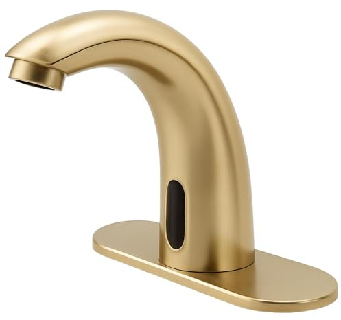Brushed Gold Touchless Bathroom Sink Faucet - Battery Operated Automatic Motion Sensor Hands Free Faucet with Hot and Cold Mixing Valve