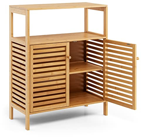 LIFEZEAL Badezimmerschrank aus Bambus, Badschrank mit Verstellbares & Abnehmbares Regal, Unterschrank mit Lamellentüren, Multifunktionaler Aufbewahrungsschrank für Badezimmer, Küche