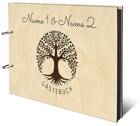 Personalisiertes Hochzeit Fotoalbum echtes Holz DIN A4 Hochzeitsbuch mit Lasergravur - Lebensbaum - mit 25 Blatt / 50 Seiten Fotokarton Schwarz