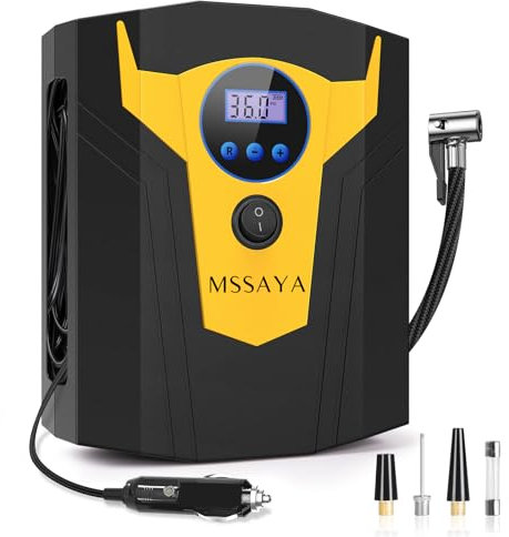 MSSAYA Car Tyre Inflator Air Compressor, 150 PSI Digital Car Tyre Pump - 12V DC Electric Car Pumps for Tyres with Auto Shutoff - Car Accessory with LED Light, 3 Nozzles for Car, Bike, Motorcycle,Ball.