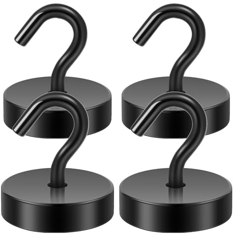 Neosmuk Magnethaken, 30kg Extra Starke Magnetische Haken für Camping, Werkstatt, Spind, Kleiderhaken mit Neodym Magnet für Outdoor und Kreuzfahrt Zubehör, Schwarz,4er-Pack