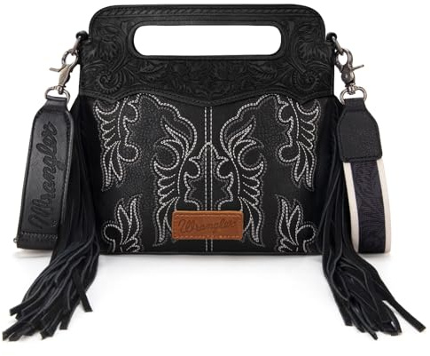 Wrangler Crossbody-Tasche für Damen, Western-Fransen, Tragegriff oben, bestickt, Bootscroll, Crossbody-Tasche, A-mittelschwarz, Medium